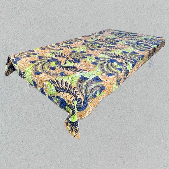 VTG Cotton 66" x 44" Cotton Peacock Guaranteed Wax Print Fabric Tan Blue Green - Picture 3 of 8